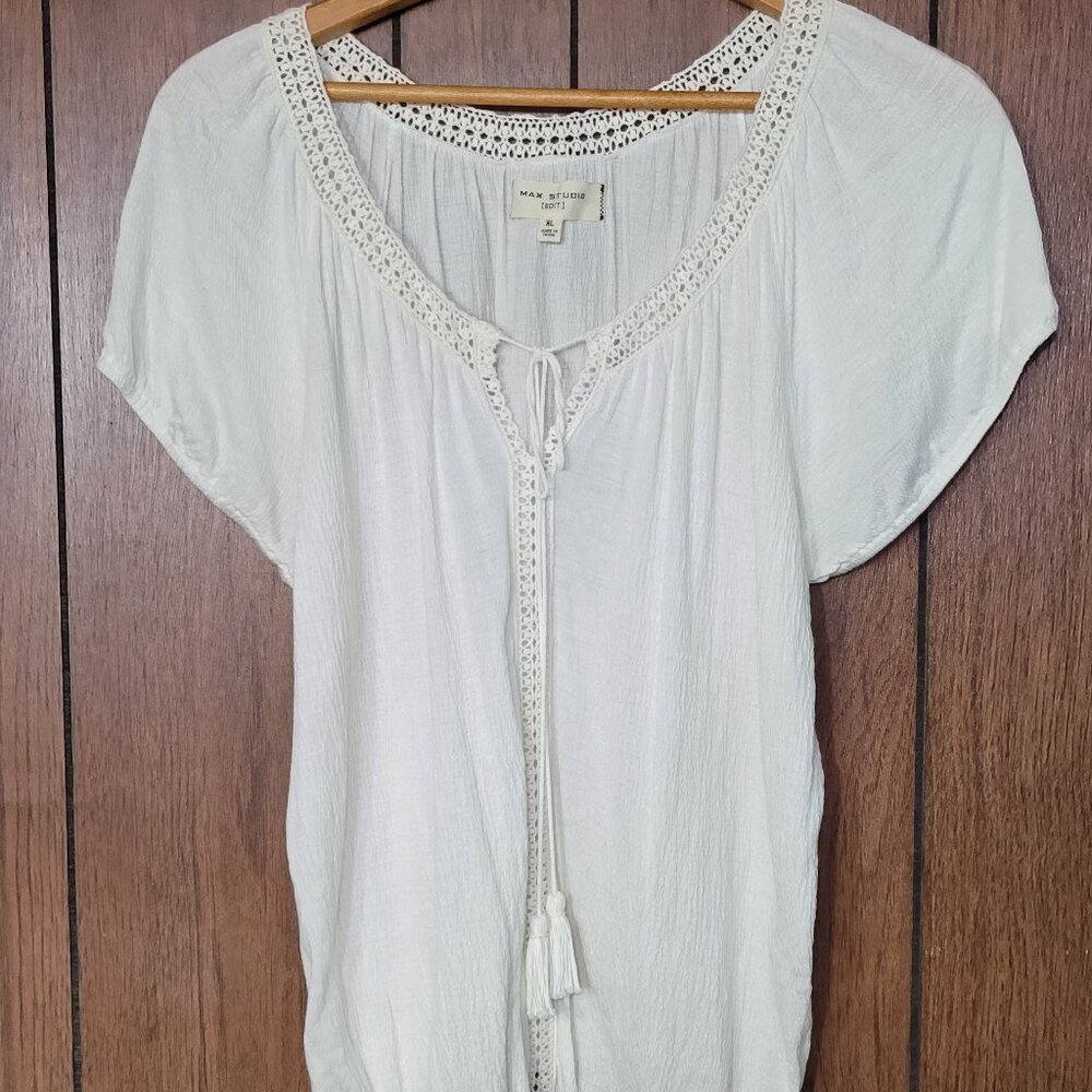 Boho Lace Tassel top XL - Ivory Festival Blouse Short Sleeve Elastic – Stretch